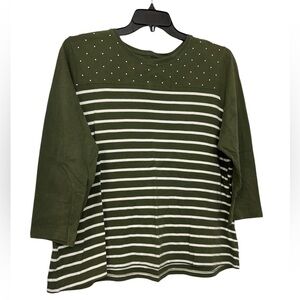 Kim Rogers Perfectly Soft•Olive Green White Striped Long Sleeve, Women’s Sz 3XL